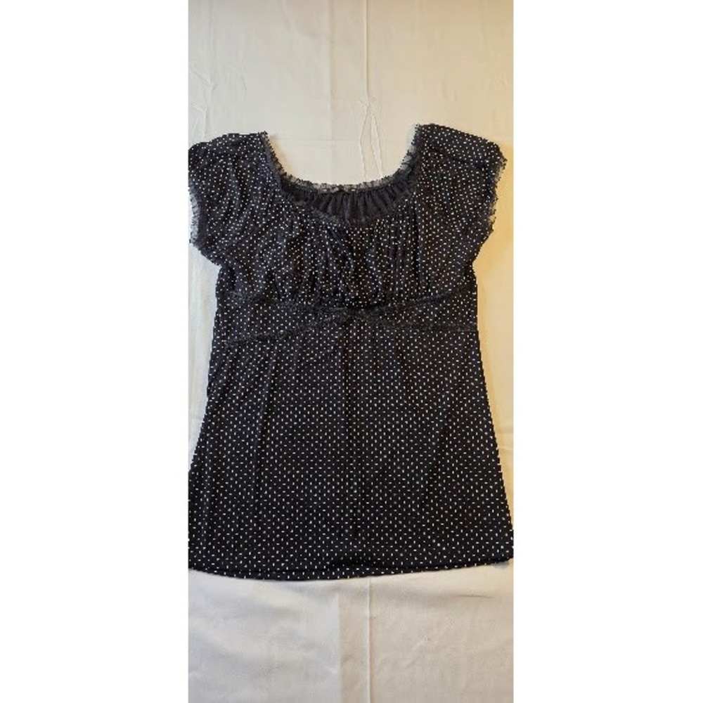 Maurices Black Polka Dot Empire Waist Lace Trim Top Large Short Sleeve Mesh Trim